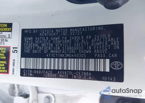 2021 Toyota Camry Le из США, поврежденный, VIN 4T1C11AK3MU440305